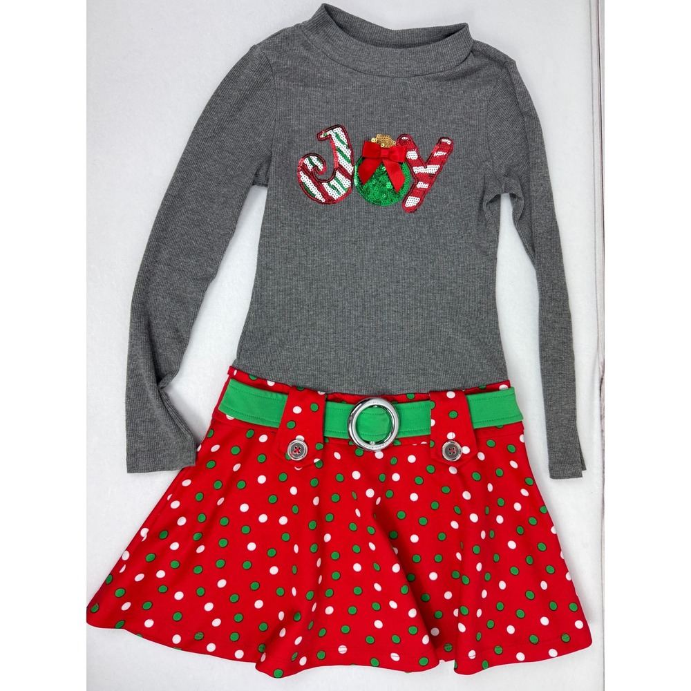 Pink Violet Girls Gray‎ Long Sleeve Joy Christmas Dress Polka Dot Belted M 7-8